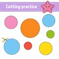 Cutting practice for kids. Education developing worksheet. Activity page with pictures. Game for children. Isolated vector