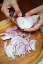 Cutting red onions on board Royalty Free Stock Photo