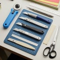 Cutting tools arranged on a craft cutting mat. Includes five Royalty Free Stock Photo