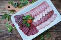 Cutting of various types of meat and sausages on a plate Royalty Free Stock Photo