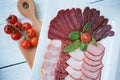 Cutting of various types of meat and sausages on a plate Royalty Free Stock Photo