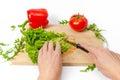 Cutting vegetables on kitchen board. Female hands cut green salad with a knife. White background Royalty Free Stock Photo