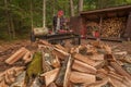 Cutting wood with a log splitter Royalty Free Stock Photo