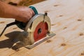 Cutting wood using an electrical chain saw professional tools Royalty Free Stock Photo