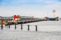 Cuxhaven, Germany - November 10, 2019. Port on Elbe and North Sea with huge buoys