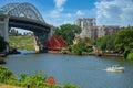 Cuyahoga River bridges and speedboat Royalty Free Stock Photo