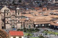 Cuzc-Peru, city and aerial view of the Plaza de Armas and church with a background of mountains on June 2019
