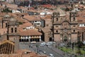 Cuzco-Peru, city and aerial view of the Plaza de Armas and church with a background of mountains on June 2019