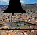 Cuzco--Peru, city and aerial view of the Plaza de Armas and church with a background of mountains on June 2019