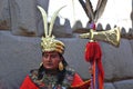 CUZCO-man dressed as an Inca warrior in the Peruvian Andes in Cuzco Peru The Inca Empire was the largest empire in pre- Royalty Free Stock Photo