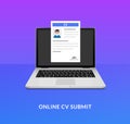 CV laptop send icon. Open application desk cv form vector submit