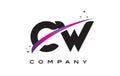 CW C W Black Letter Logo Design with Purple Magenta Swoosh