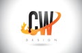 CW C W Letter Logo with Fire Flames Design and Orange Swoosh.