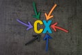 CX, Customer Experience concept, colorful arrows pointing to alp