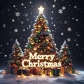 a cxmas pine tree decorated with gift boxes ornaments lights with a lettering sing merry christmas Royalty Free Stock Photo