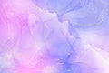 Cyan blue and lavender liquid marble background with gold stripes and glitter dust. Pastel pink violet watercolor Royalty Free Stock Photo