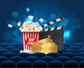 Cyan Cinema Movie Design Poster design. Vector template banner for movie premiere or show with seats, popcorn box Royalty Free Stock Photo