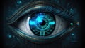 Cyan cyberpunk digital eye with blue eyelashes. Scanning technology, digital signs in reflection, gadgets in future. Macro image Royalty Free Stock Photo