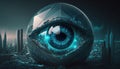 Cyan cyberpunk eye in glass ball staying on fututristic city background. Macro image of human eye. Buildings, sky on backdrop. Ai Royalty Free Stock Photo