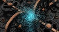 Cyan data burst explodes within black gears and copper Royalty Free Stock Photo