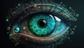 Cyan digital eye with blue eyelashes. Scanning technology, digital signs,. chips in reflection, gadgets in future. Macro image of Royalty Free Stock Photo