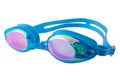 Cyan goggles for swimming, with mirrored pink glasses, on a white background