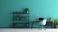 Cyan living room interior with desk and rack. Generative Ai Royalty Free Stock Photo