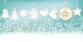 Cyan Merry Christmas Card Header Snowflakes Golden Stickers Royalty Free Stock Photo