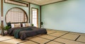 The Cyan Mint Circle shelf wall design on bed room japanese deisgn with tatami mat floor. 3D rendering