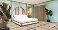 The Cyan Mint Circle shelf wall design on bed room japanese deisgn with tatami mat floor. 3D rendering