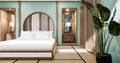The Cyan Mint Circle shelf wall design on bed room japanese deisgn with tatami mat floor. 3D rendering