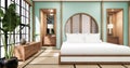 The Cyan Mint Circle shelf wall design on bed room japanese deisgn with tatami mat floor. 3D rendering