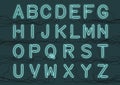 Cyan neon light bulbs custom font with electricity wires connected. Handcrafted alphabet for design.