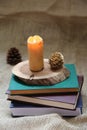 books and candle on a wood cross section and pine cones on cloth