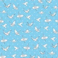 Cyan and white crane origami seamless vector pattern