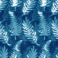 Cyanotypes blue white botanical fern texture. Faux photographic sun print effect for trendy out of focus fashion swatch