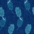 Cyanotypes blue white botanical linen texture. Faux photographic leaf sun print effect for trendy out of focus fashion