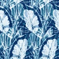 Cyanotypes blue white botanical linen texture. Faux photographic leaf sun print effect for trendy out of focus fashion