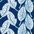 Cyanotypes blue white botanical linen texture. Faux photographic leaf sun print effect for trendy out of focus fashion