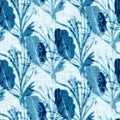 Cyanotypes blue white botanical linen texture. Faux photographic leaf sun print effect for trendy out of focus fashion