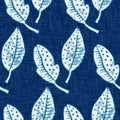 Cyanotypes blue white botanical linen texture. Faux photographic leaf sun print effect for trendy out of focus fashion