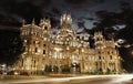 Cybele Palace at the Plaza de Cibeles with light trails of the traffic night, Madrid, Spain Royalty Free Stock Photo