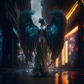 A cyber angel walking in the alley of futuristic sci fi city