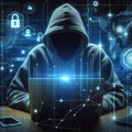 Cyber attack and cyber security concepts. Abstract hacker with laptop on technological dark background. Generated AI