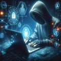 Cyber attack and cyber security concepts. Abstract hacker with laptop on technological dark background. Generated AI
