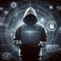 Cyber attack and cyber security concepts. Abstract hacker with laptop on technological dark background. Generated AI