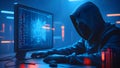 Cyber Attack Hacker intensely focused on a futuristic computer screen