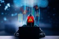 Cyber attack and hacking concept with faceless hacker silhouette in front of laptop and digital data cloud Royalty Free Stock Photo