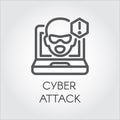 Cyber attack line icon. Virtual hacking PC, laptop and software linear label. Face from monitor and exclamation point