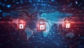 Cyber attack prevention. Three locks and world map on background Royalty Free Stock Photo